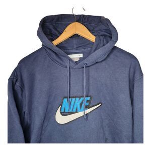 Vintage Y2K Nike Spellout Hoodie Sweatshirt Mens Large Faded Blue Center Swoosh